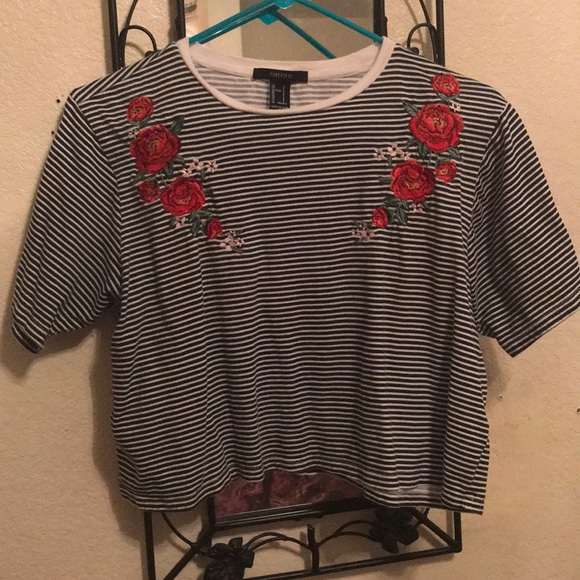 Forever 21 Tops - Super cute Rose Embroidered striped tee !